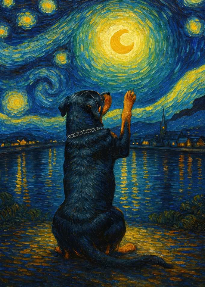 Dog Reaching for Moon, Van Gogh Style