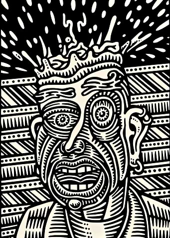 Monochrome Portrait with Crown and Patterned Background