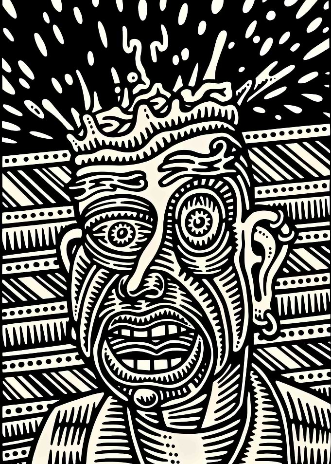 Monochrome Portrait with Crown and Patterned Background