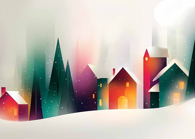 Winter Village Scene with Snowfall