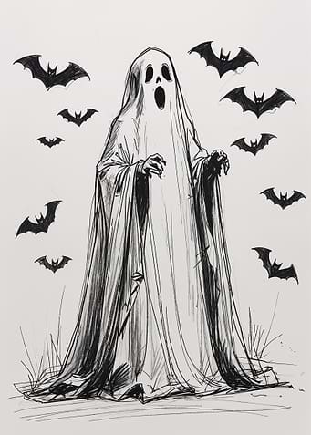Spooky Ghost and Bats Illustration