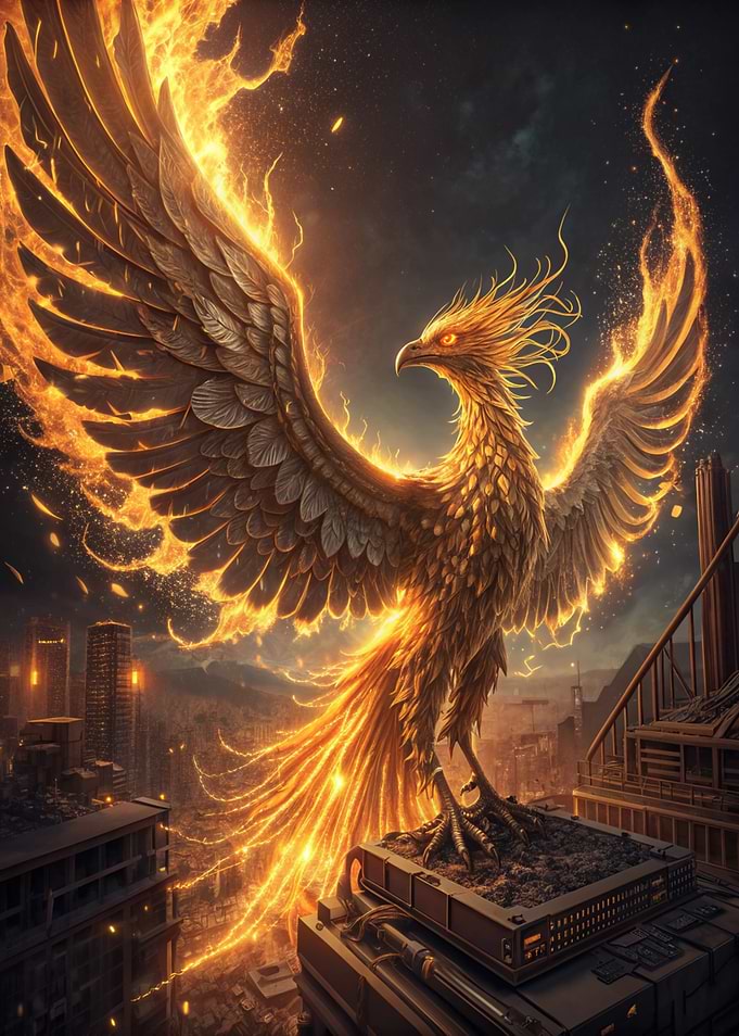 Fiery Phoenix Rising Over Cityscape