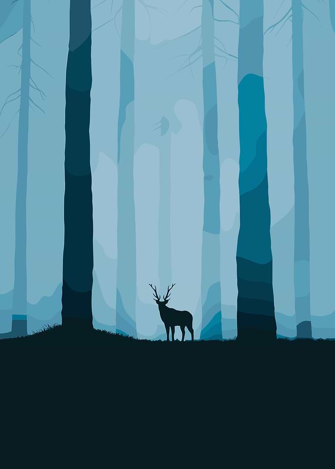 Deer in Blue Forest Illustration