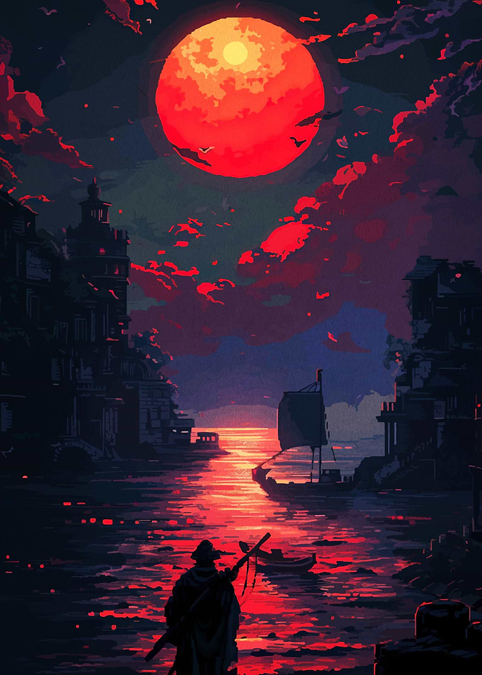 Blood Moon over Dark Fantasy City