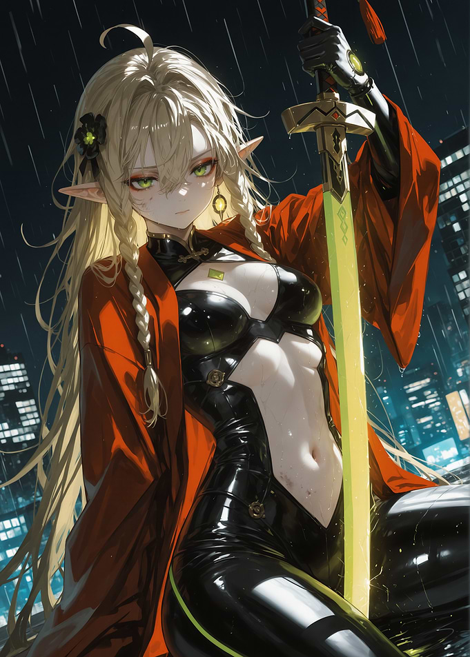 Elf Warrior in Rainy Cityscape