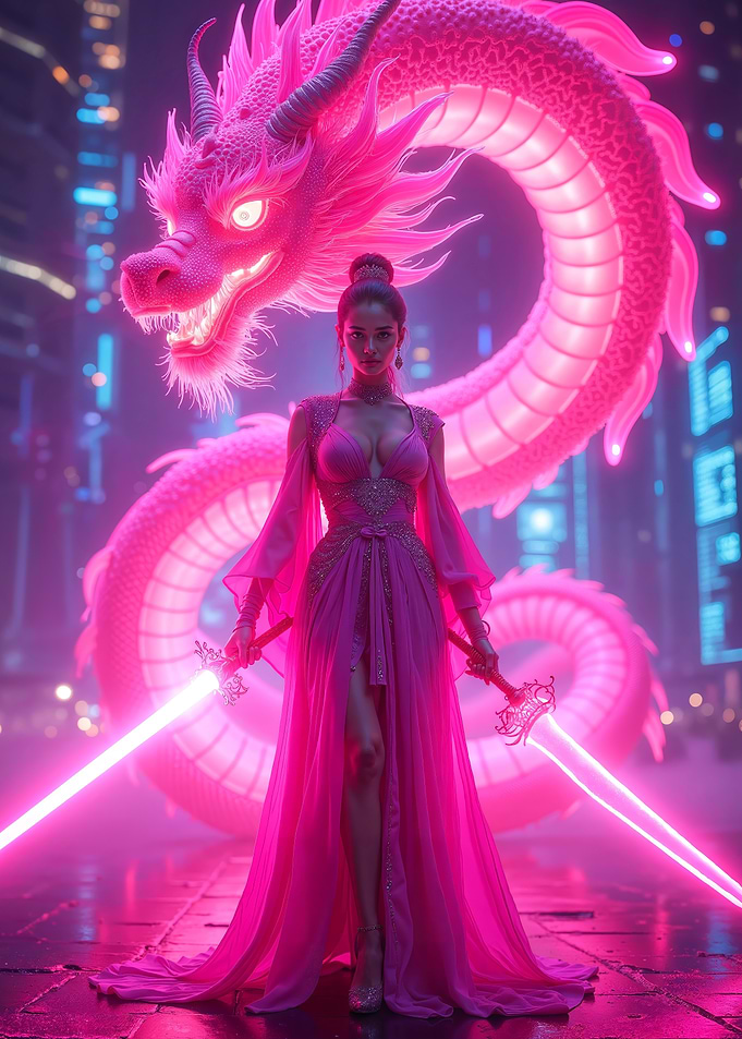 Cyberpunk Pink Dragon and Warrior Woman