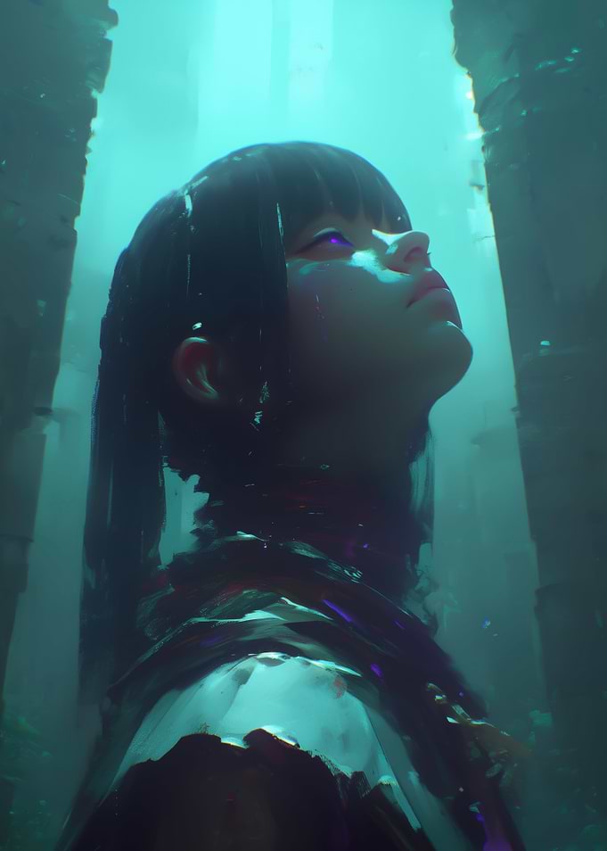Girl looking up in teal light