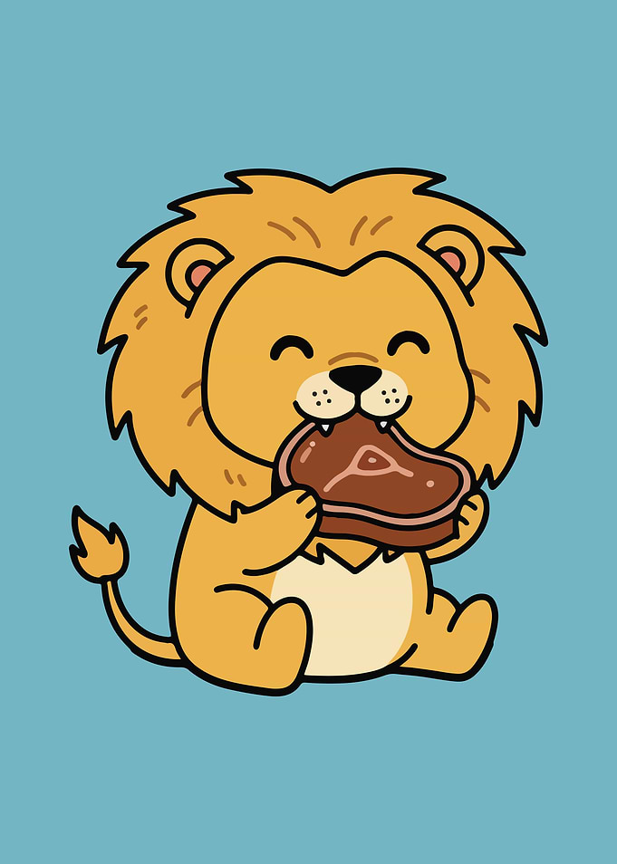 Cartoon Lion Eating Steak Illustration