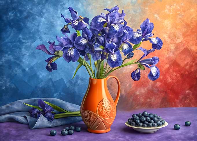 Vibrant Purple Irises with Fresh Blueberries: Artistic Still Life