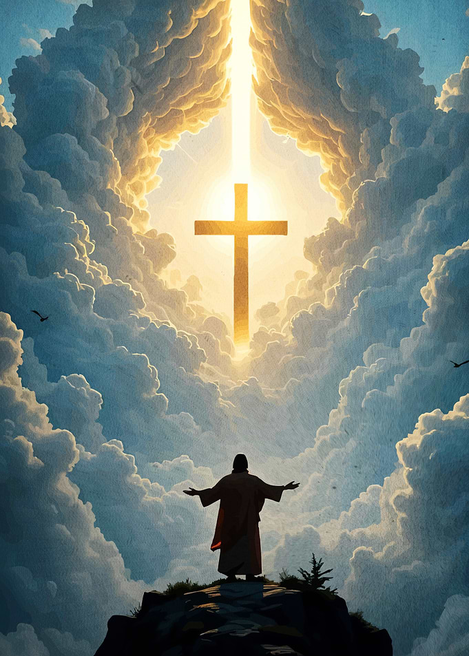 Figure Before Cross Cloudy Sky