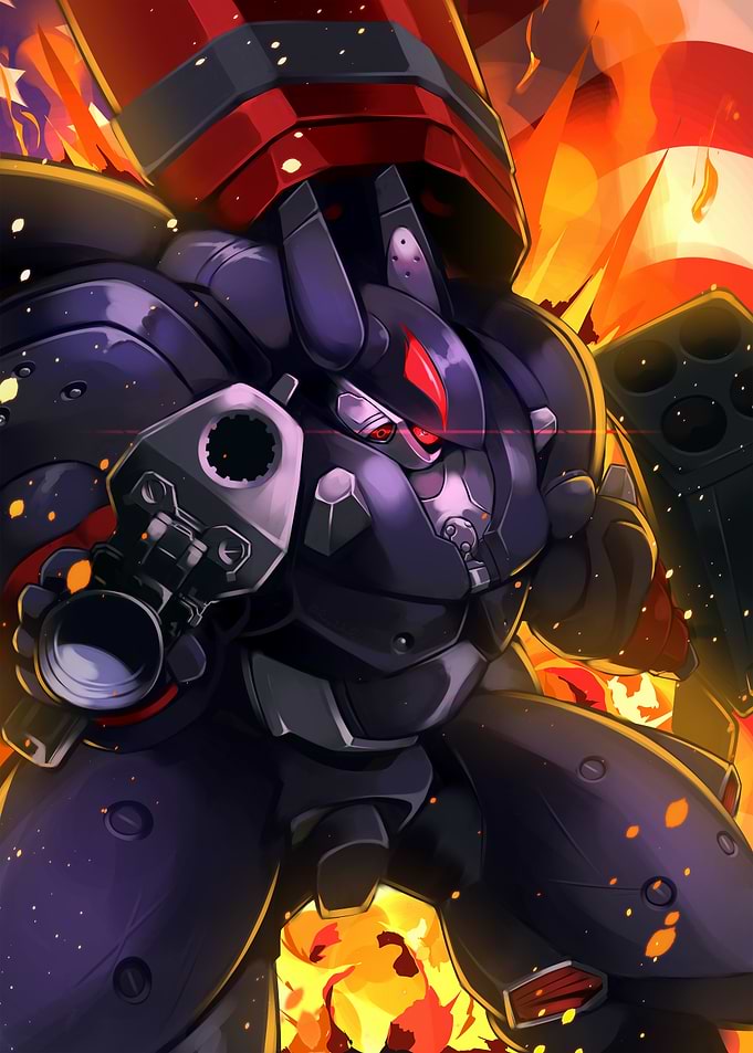 Armored Robot in Fiery Backdrop