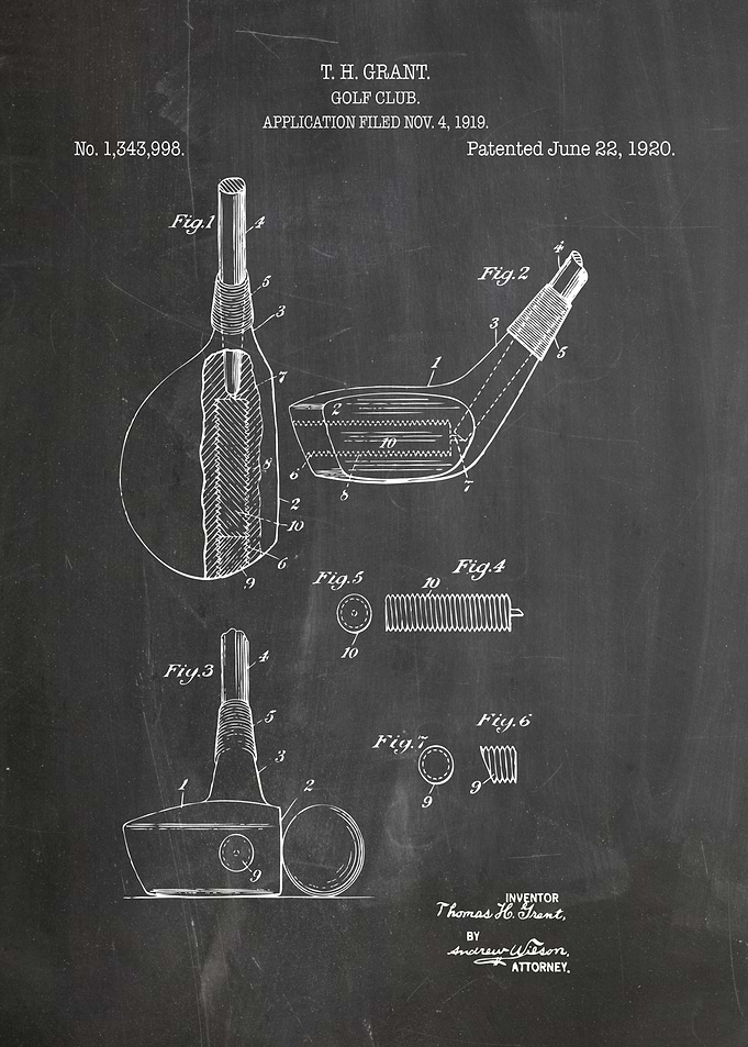 Golf Club Patent Drawing on Blackboard