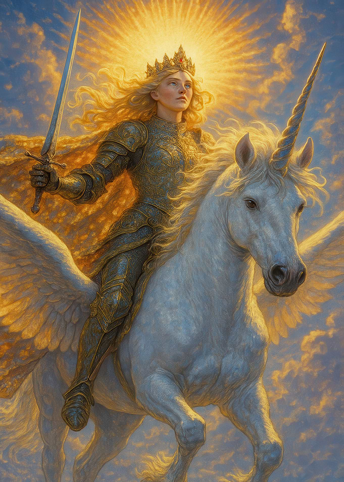 Queen riding a winged unicorn