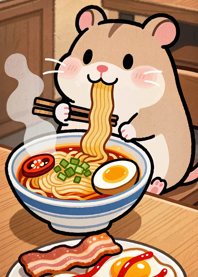 Cute Hamster Eating Ramen and Breakfast
