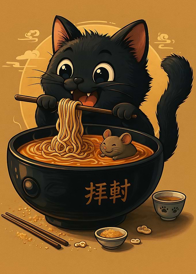 Cartoon Cat Eating Ramen with Mouse