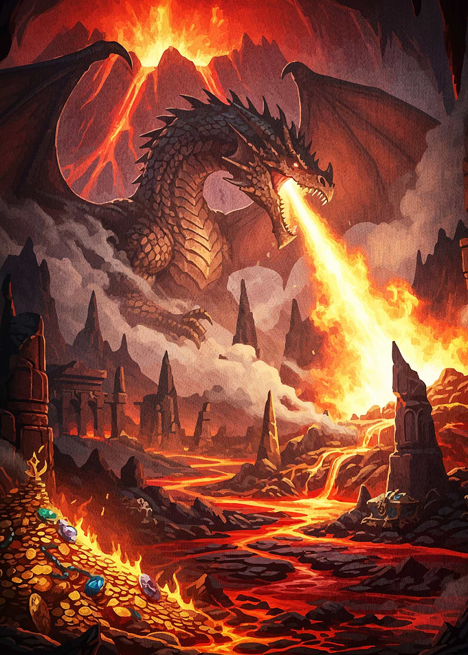 Dragon fiery breath over landscape