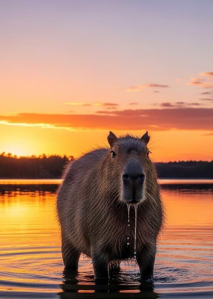 Capybara in Water at Sunset