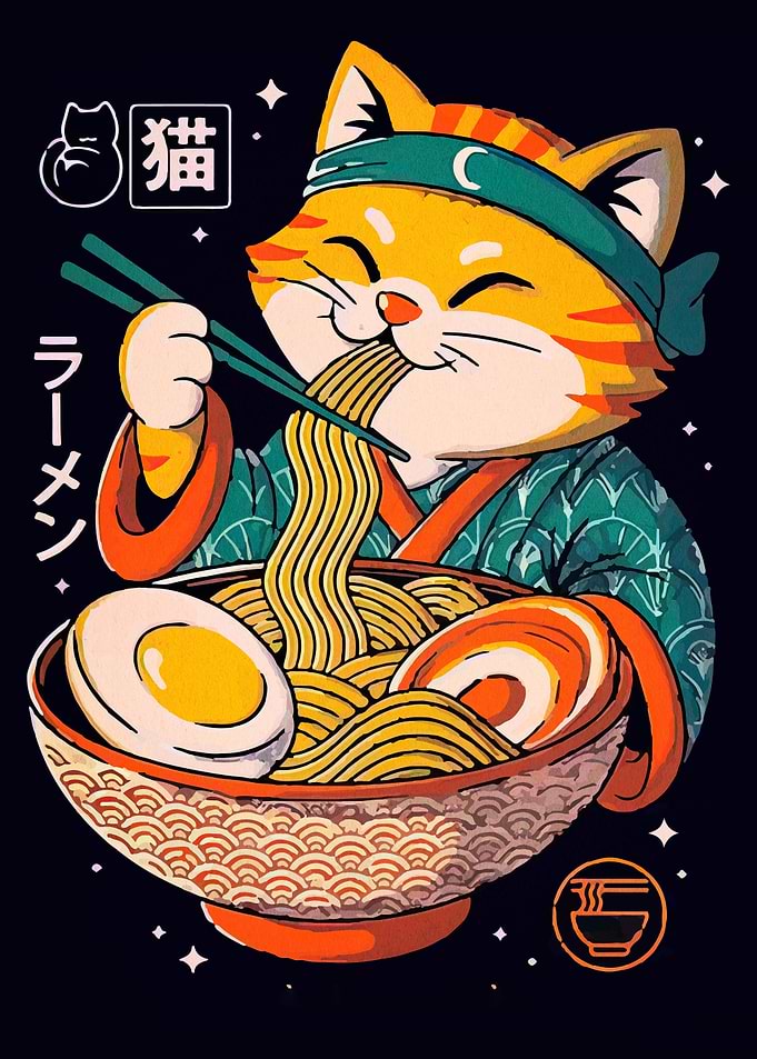 Cat Eating Ramen Illustration