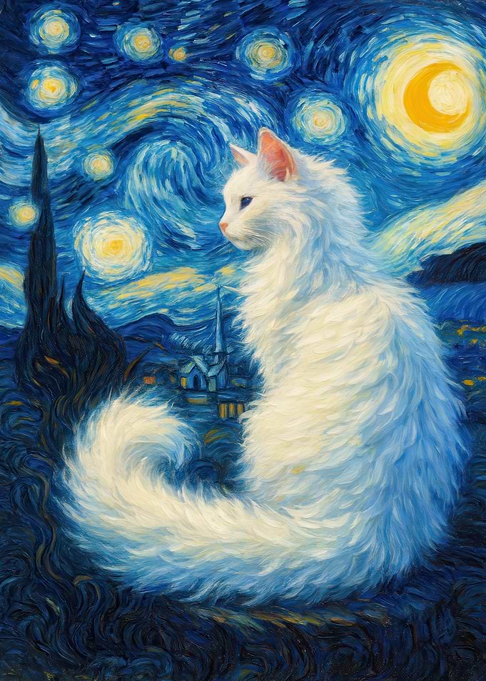 White Cat in Starry Night Style
