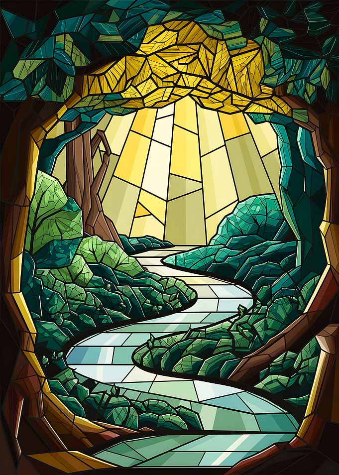 Stained Glass Artistry: A Forest River Illuminated by Golden Light