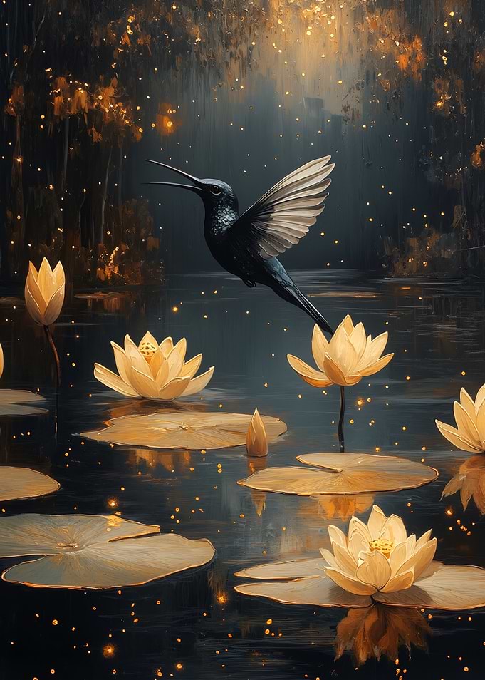 Hummingbird and Water Lilies in Golden Light