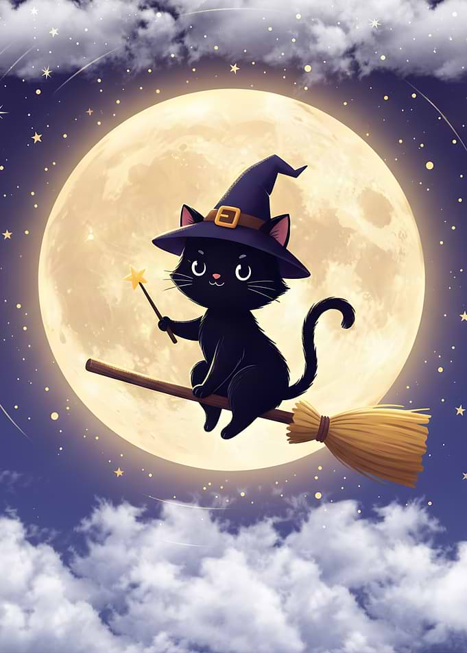 Black Cat Witch Flying on Broom