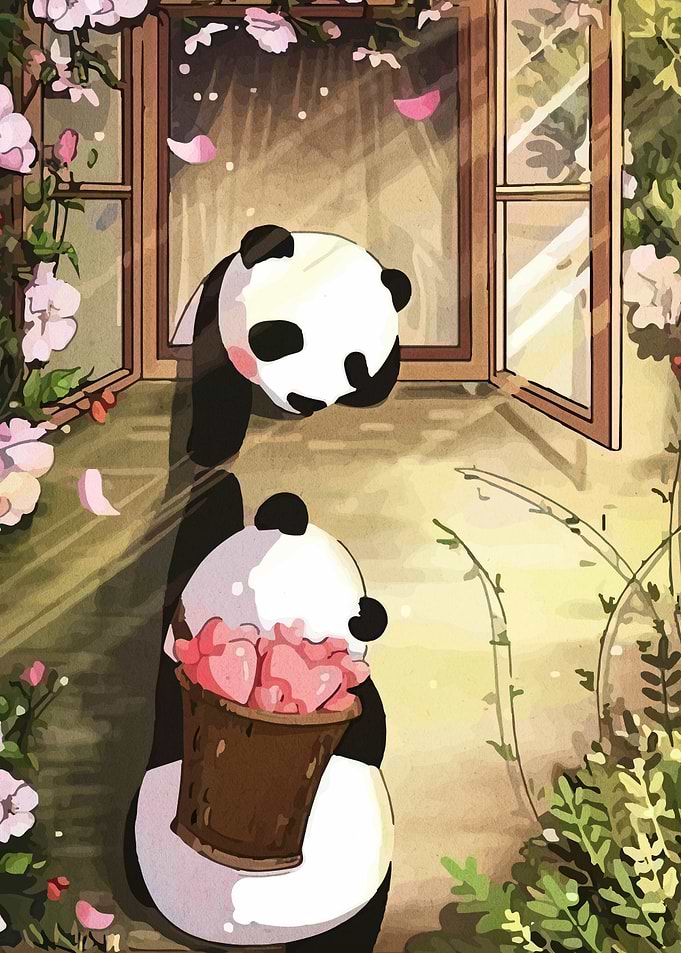 Two Pandas with Flowers by Window