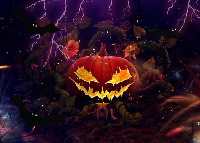 Halloween Pumpkin with Bats and Skull