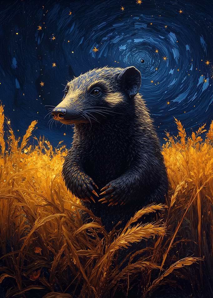 Wolverine in Golden Field Under Starry Sky
