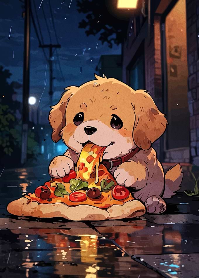 Cute Puppy Eating Pizza in Rain
