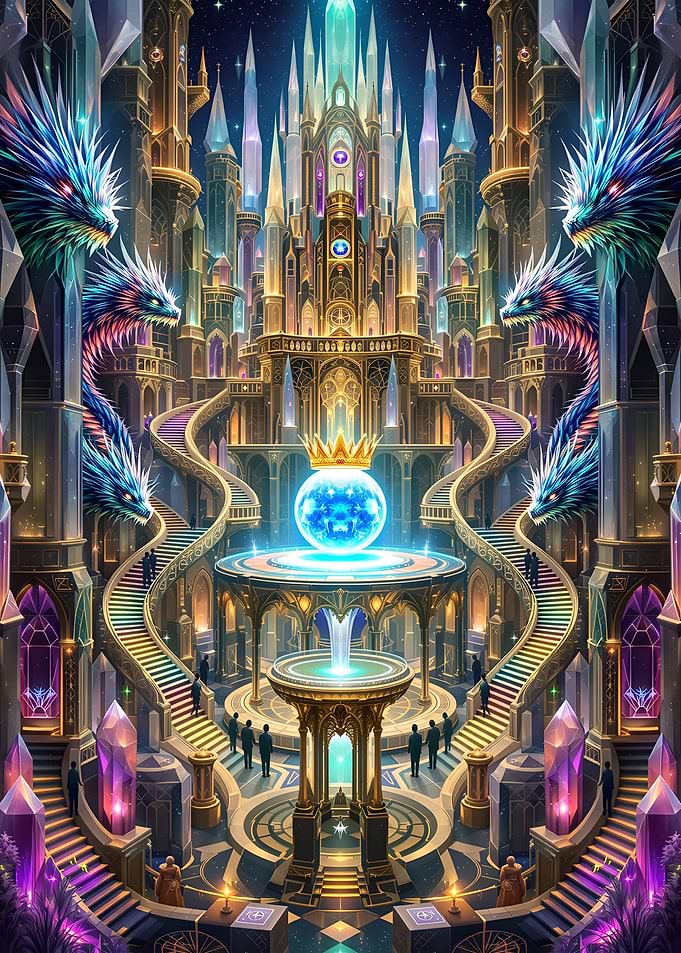 Enchanted Crystal Castle with Celestial Dragons Grand Staircase