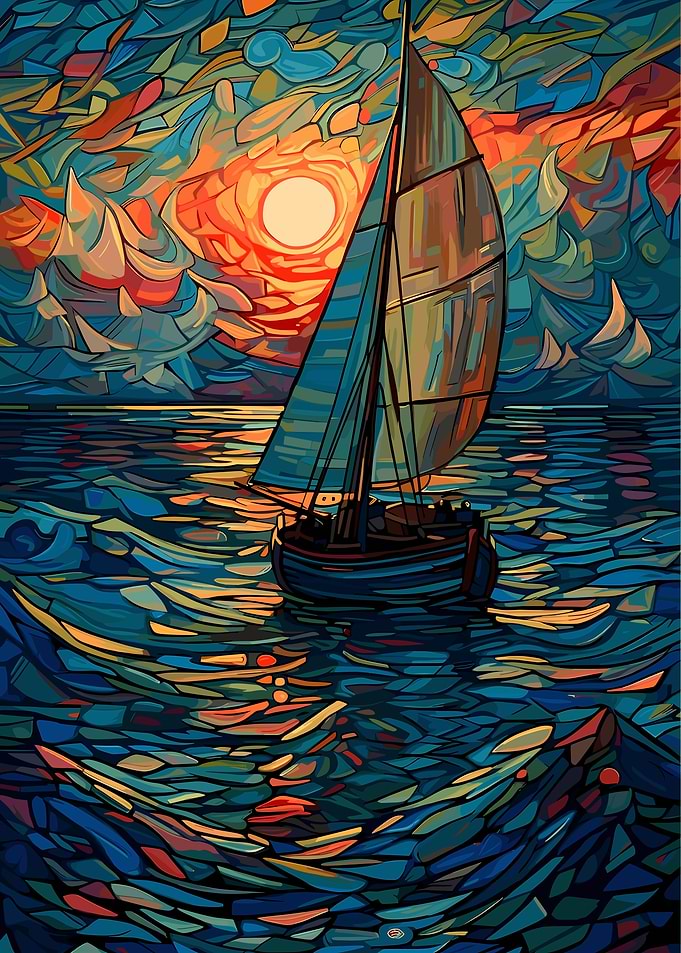 Sailboat at Sunset, Stained Glass Style