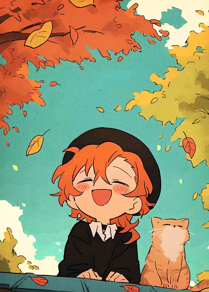 Anime Boy with Cat in Autumn