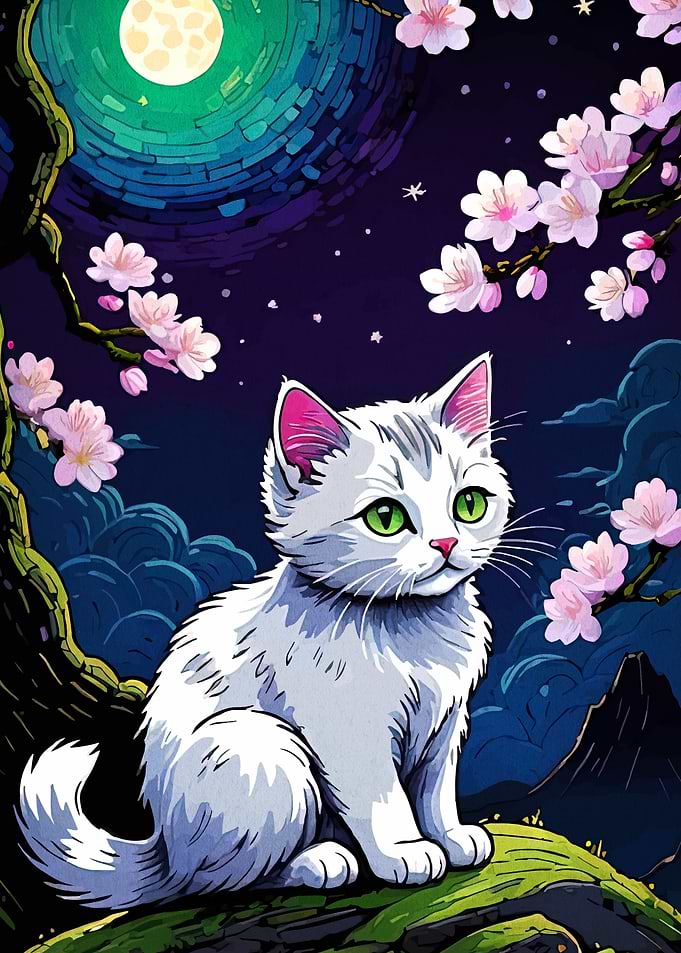 White Cat Under Cherry Blossoms