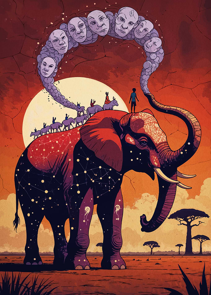 Surreal Elephant with Faces and Riders