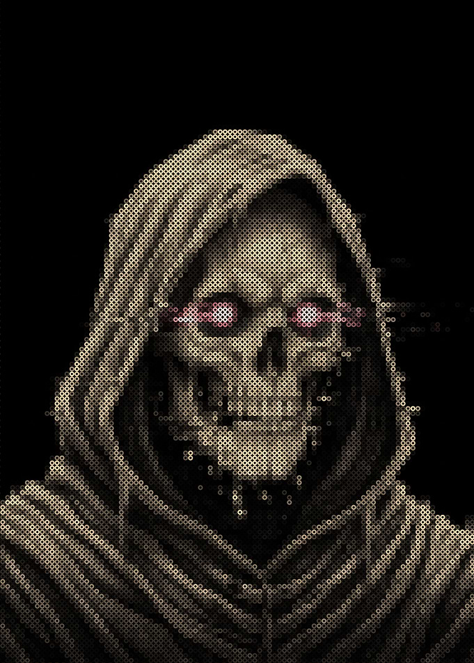 Pixelated Grim Reaper with Glowing Eyes