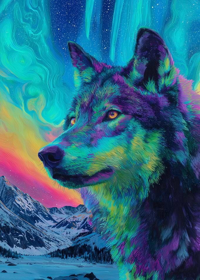 Colorful Wolf Portrait Under Aurora Borealis