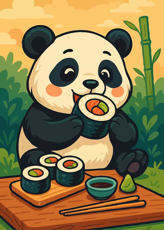 Cartoon Panda Eating Sushi Illustration