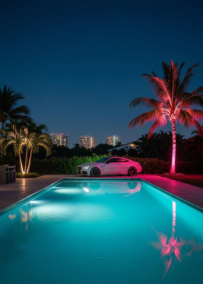 Luxury Car by Pool at Night Mercedes C63 AMG