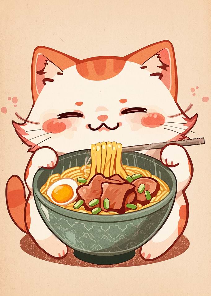 Cute Cat Enjoying Ramen Illustration