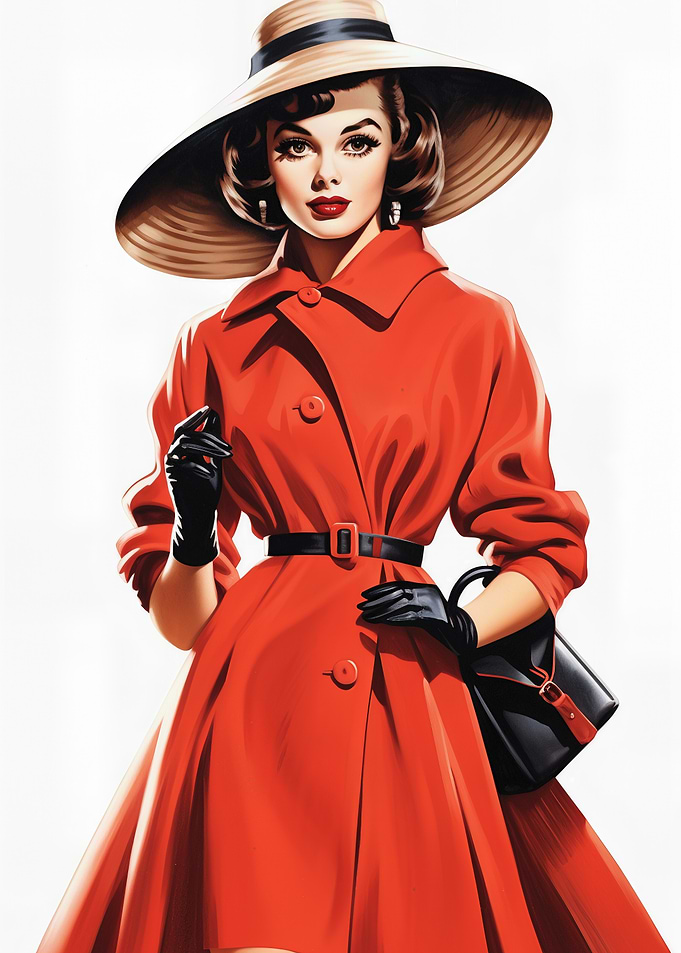 Elegant Woman in Red Coat and Hat