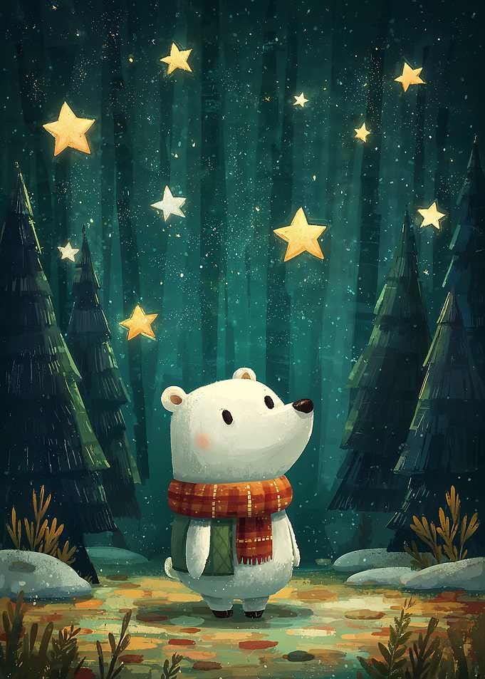 Polar Bear Under Starry Night Sky