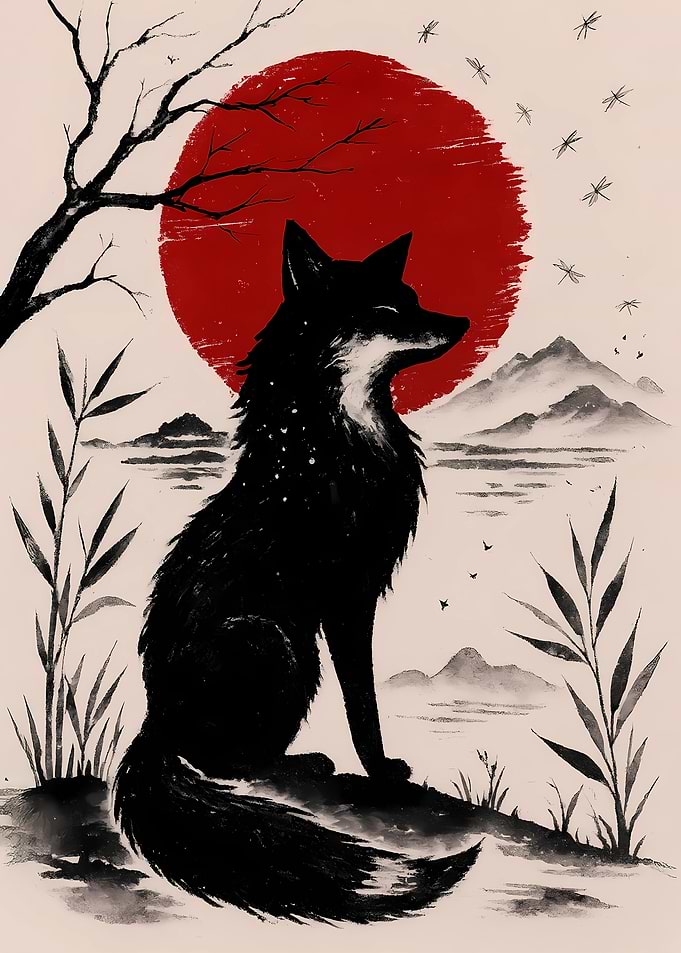 Fox and Red Sun Ink Painting