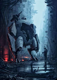 Futuristic Mech and Soldier in Cityscape
