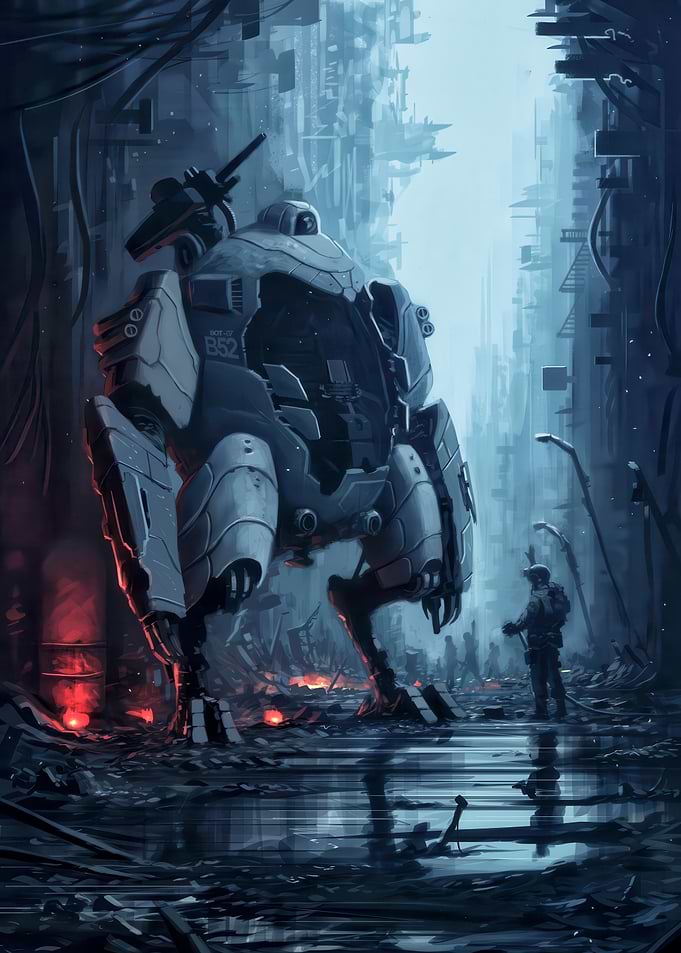 Futuristic Mech and Soldier in Cityscape