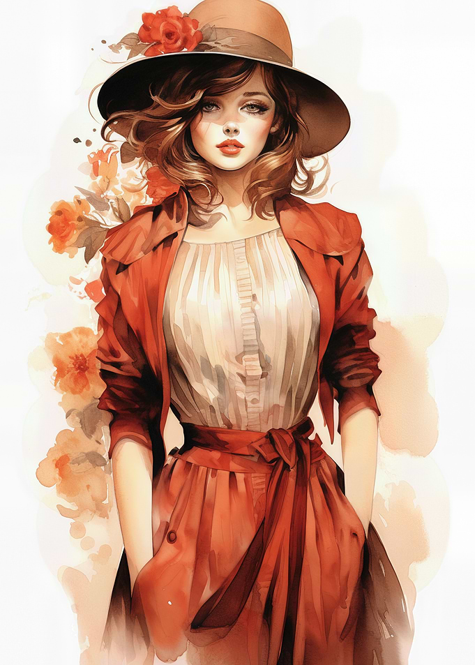Watercolor Portrait of Woman in Hat