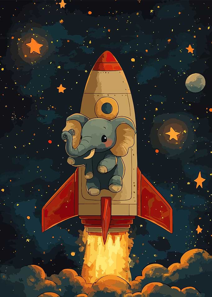 Elephant Astronaut on Rocket in Space