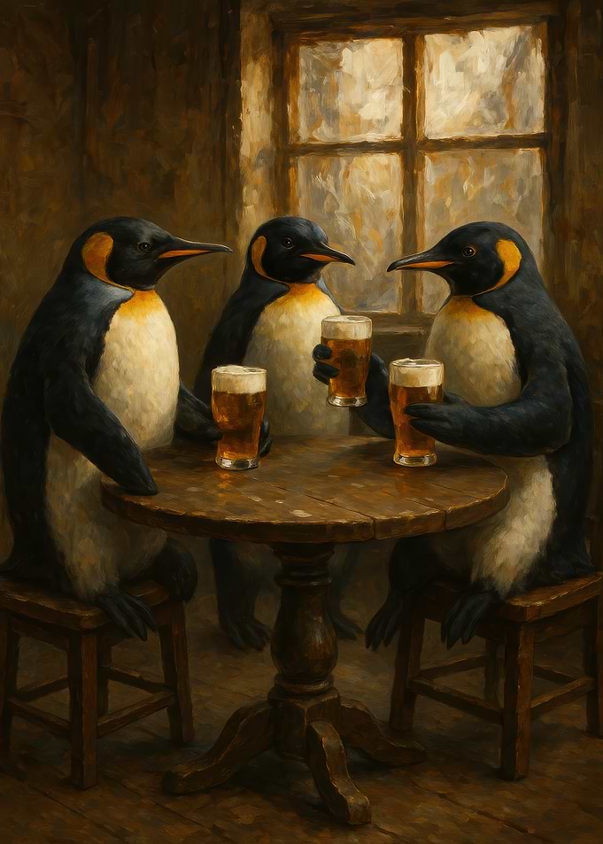 Penguins Drinking Beer at a Pub