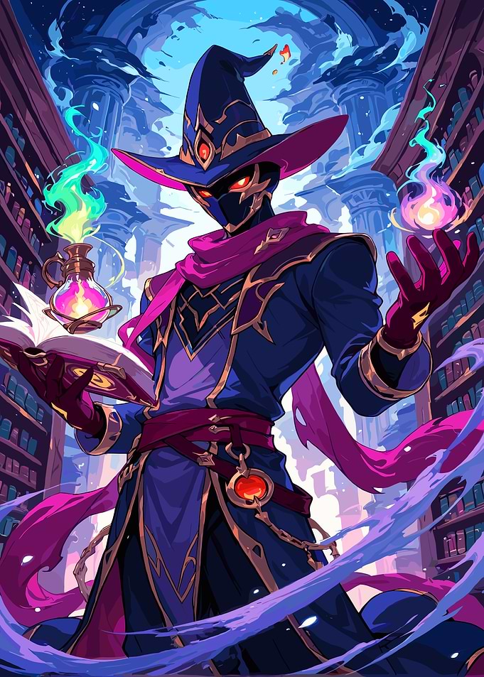 Wizard in Library with Magic