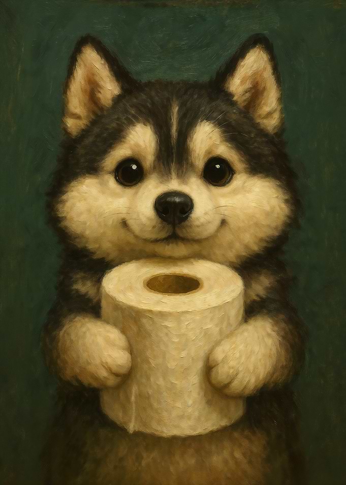 Cute Husky Puppy with Toilet Paper Roll